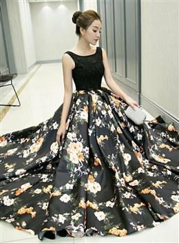 Picture of Black Color Floral Satin Long and Lace A-line Prom Dresses Party Dresses, Black Color Evening Dresses